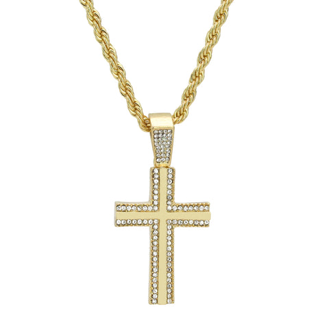 Cz Two Cross Pendant 24" Rope Chain Hip Hop 18k Jewelry Necklace