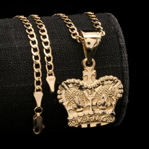 King Crown Diamond Cut Pendant Cuban Chain 14k Gold PT