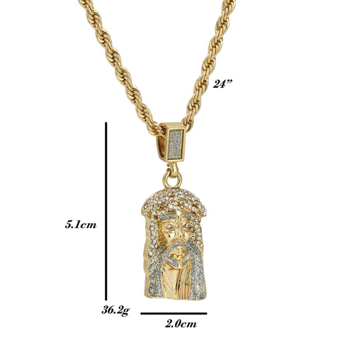 Cz/Stardust Jesus Face Pendant 24" Rope Chain Hip Hop 18k Jewelry Necklace