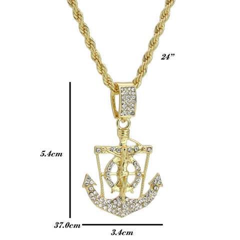 Fully Cz Jesus Anchor Pendant 24" Rope Chain Hip Hop 18k Jewelry Necklace