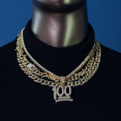 100 Emoji Cz 4 Pcs Set Barb Wire Spike Chain, Tennis Chain & Miami Cuban Chain Bundle Gold PT