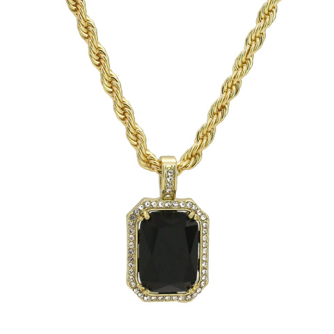 Cz Small Black Ruby Pendant 24" Rope Chain Hip Hop 18k Jewelry Necklace