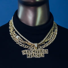 Cactus Letter Cubes Cz 4 Pcs Set Barb Wire Spike Chain, Tennis Chain & Miami Cuban Chain Bundle Gold PT