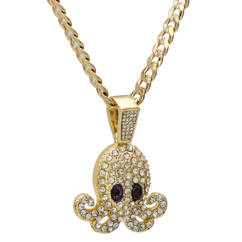 Fully Iced SQUID Purple Eyes 14k Gold PT Pendant 6mm 24" inches Cuban Chain