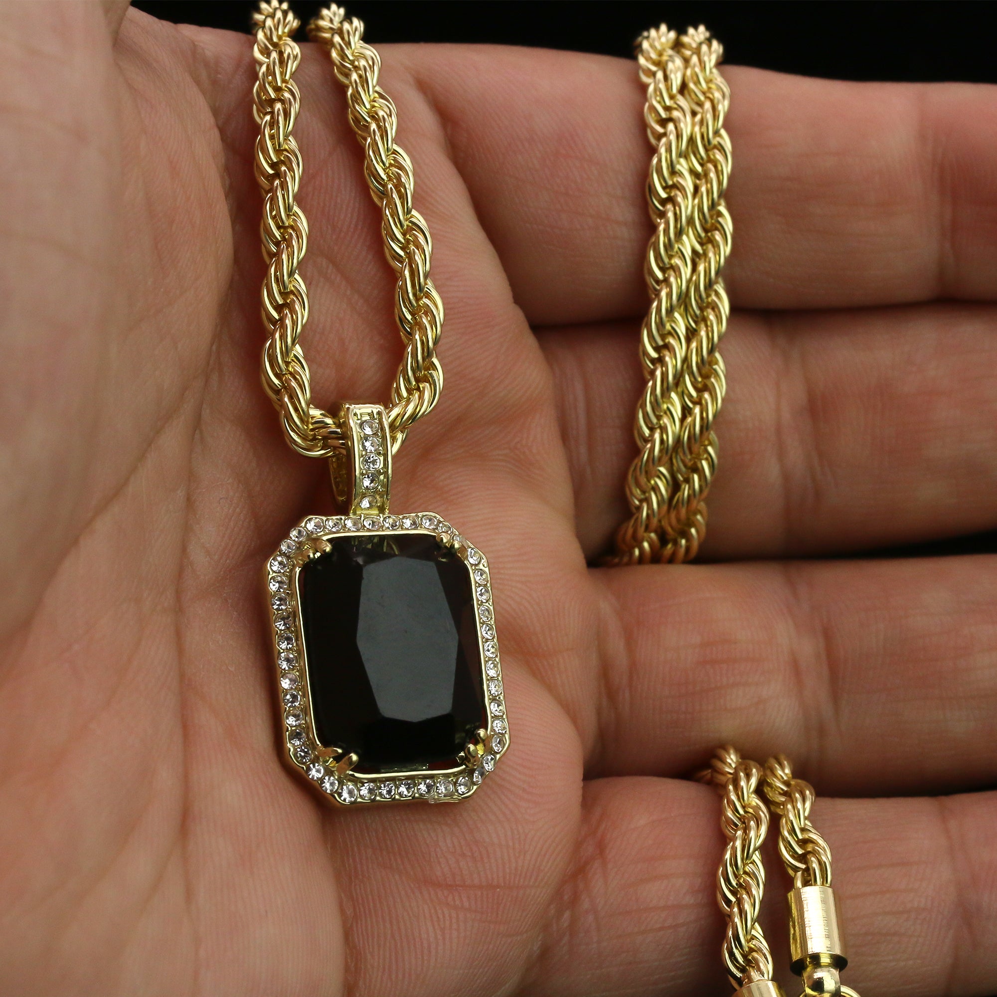Cz Small Black Ruby Pendant 24" Rope Chain Hip Hop 18k Jewelry Necklace