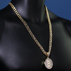 14k Gold Plated Medium Size Cz Bitcoin w/ 10mm 24" Frost Cuban Choker Chain