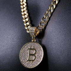 14k Gold Plated Medium Size Cz Bitcoin w/ 10mm 24" Frost Cuban Choker Chain