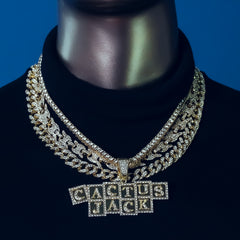 Cactus Cubes letter Cz 4 Pcs Set Puffy Mariner Spike Chain, Tennis Chain & Miami Cuban Chain Bundle Gold PT