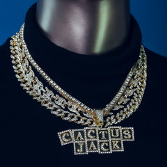 Cactus Cubes letter Cz 4 Pcs Set Puffy Mariner Spike Chain, Tennis Chain & Miami Cuban Chain Bundle Gold PT