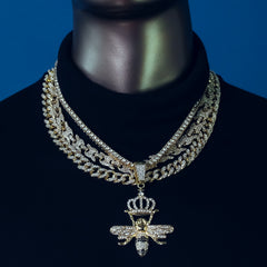 Crown Bee Cz 4 Pcs Set Puffy Mariner Spike Chain, Tennis Chain & Miami Cuban Chain Bundle Gold PT