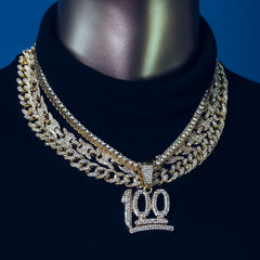 100 Emoji Cz 4 Pcs Set Puffy Mariner Spike Chain, Tennis Chain & Miami Cuban Chain Bundle Gold PT