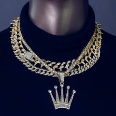 4 Pcs Cz Crown Set Exotic Spike Cuban Chain, Tennis Chain & Miami Cuban Chain Bundle Gold PT