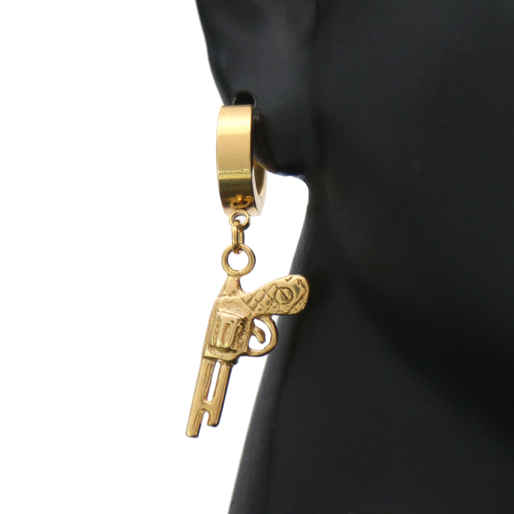 SST Gold Cz Revolver Gun 24" Cuban Chain/Huggie Hoop Revolver Gun Dangle Earring 2pc Set