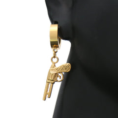 Stainless Steel Gold Uzi Gun 3mm 24" Cuban Chain & Huggie Hoop Revolver Gun Dangle Earrings