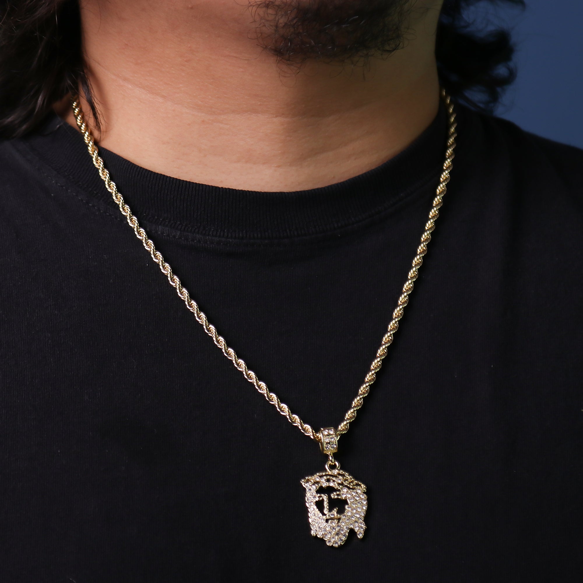 Fully Cz Hollow Jesus Face Pendant 24 Rope Chain Hip Hop 18k Jewelry Necklace JT
