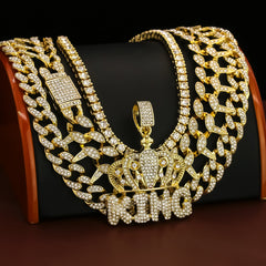 4 Pcs Cz King Crown  Set Exotic Spike Cuban Chain, Tennis Chain & Miami Cuban Chain Bundle Gold PT