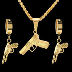SST Gold Pistol Gun 24" Cuban Chain/Huggie Hoop Revolver Gun Dangle Earring 2pc Set