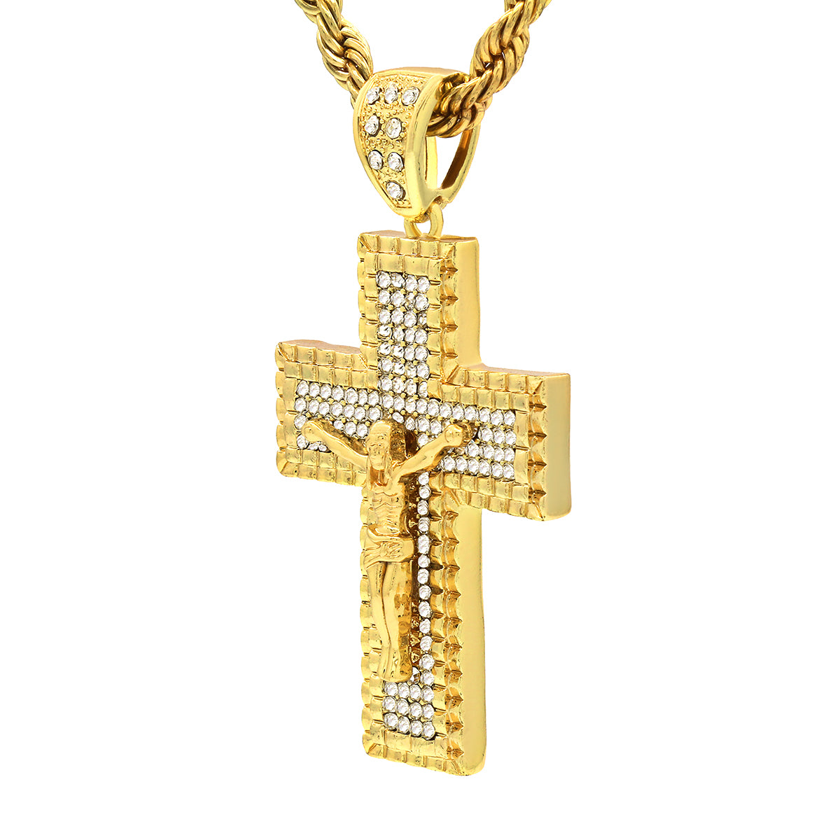 14k Gold Filled CZ Jesus Hang Cross2 Pendant with Rope Chain