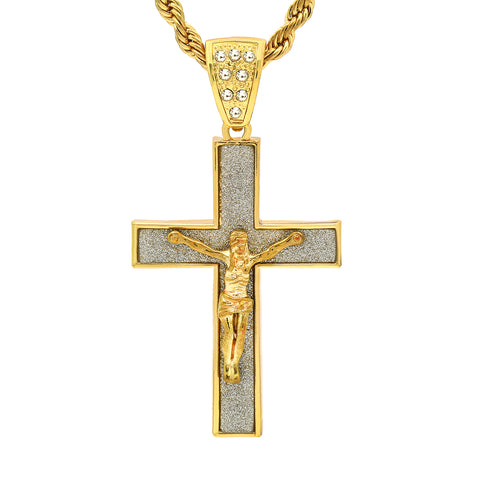 14k Gold Filled Stardust Jesus Hang Cross Pendant 2 with Rope Chain