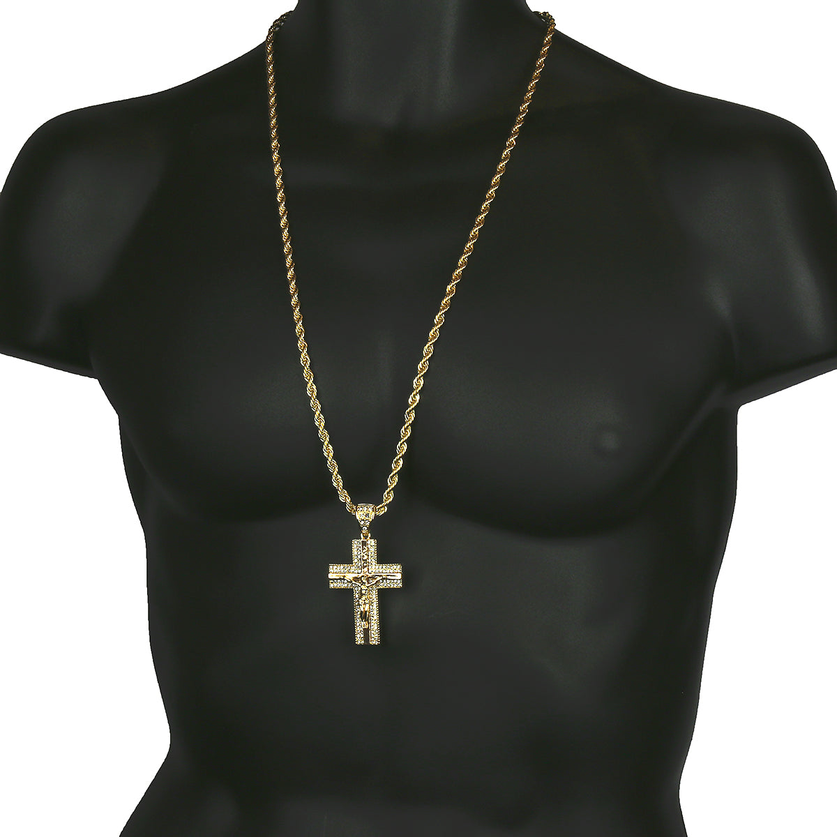 14k Gold Filled CZ Jesus Hang Cross Pendant with Rope Chain