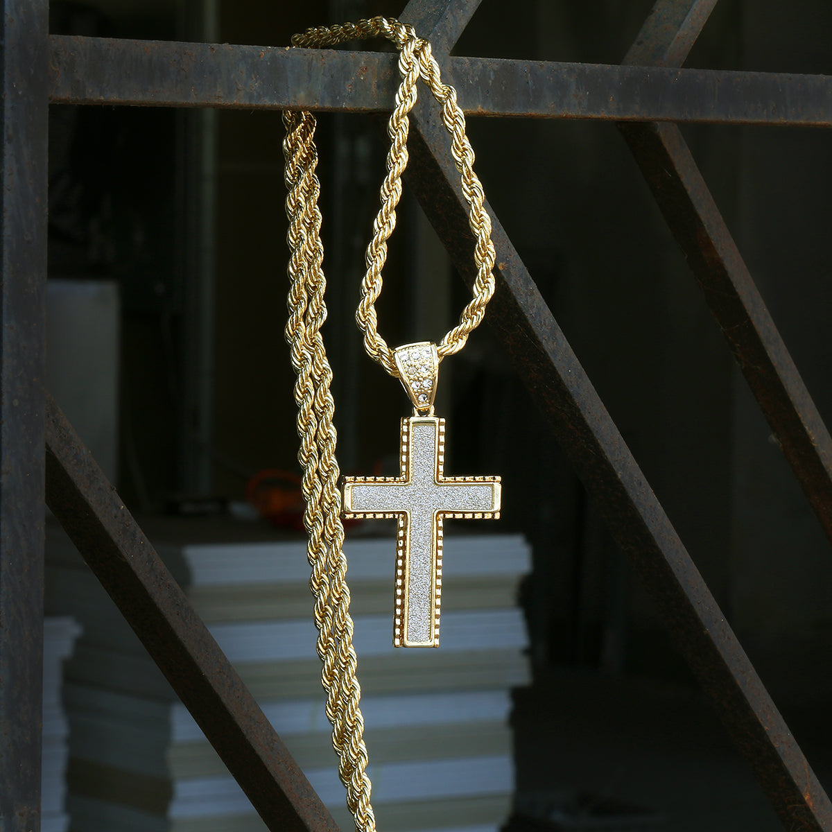 14k Gold Filled Stardust Blade Cross Pendant 4 with Rope Chain