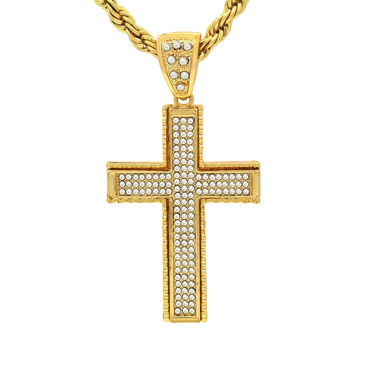 14k Gold Filled Fully Ice Out Cross Pendant  with Rope Chain