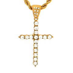 14k Gold Filled Fully Ice Out Gem Cross Pendant  with Rope Chain