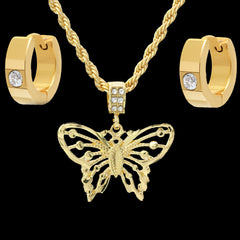 Gold Plated Butterfly Pendant 24" Rope Chain/Stainless Steel Huggie Hoop Cz Earrings 2pc Set