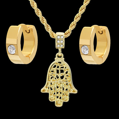 Gold Plated Hamsa Pendant 24" Rope Chain/Stainless Steel Huggie Hoop Cz Earrings 2pc Set