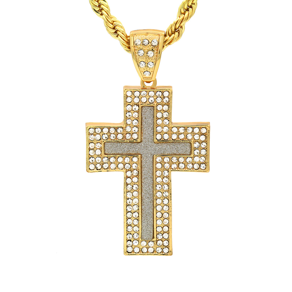 14k Gold Filled Fully Ice Out Stardust Middle Cross Pendant  with Rope Chain
