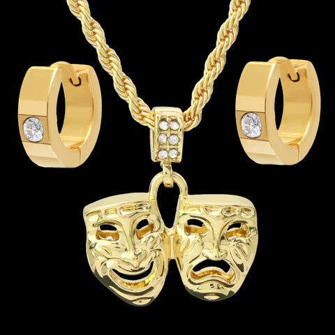 Gold Plated Smile Now, Cry Later 24" Rope Chain/Stainless Steel Huggie Hoop Cz Earrings 2pc Set