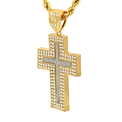 14k Gold Filled Fully Ice Out Stardust Middle Cross Pendant  with Rope Chain