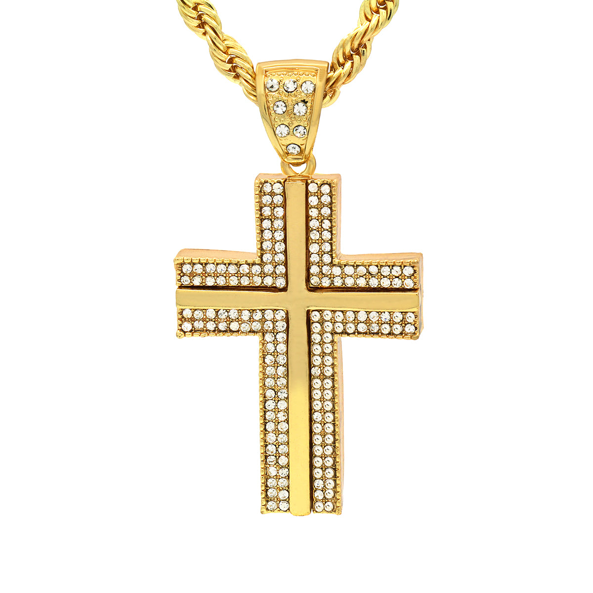 14k Gold Filled Fully Ice Out Mirror In the middle Pendant  with Rope Chain