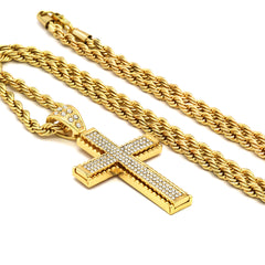 14k Gold Filled Fully Ice Out Cross Pendant  with Rope Chain