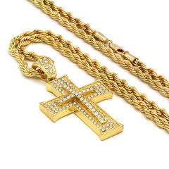 14k Gold Filled Fully Ice Out Smooth Edge Cross Pendant  with Rope Chain