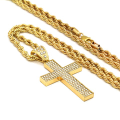 14k Gold Filled Fully Ice Out 4 Line Cross Pendant  with Rope Chain