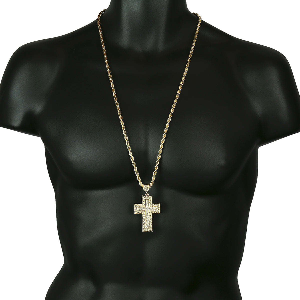 14k Gold Filled Fully Ice Out Stardust Middle Cross Pendant  with Rope Chain