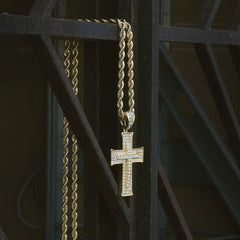 14k Gold Filled Fully Ice Out Smooth Edge Cross Pendant  with Rope Chain