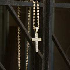 14k Gold Filled Fully Ice Out 4 Line Cross Pendant  with Rope Chain