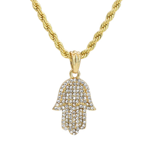 Fully Iced Hamsa Pendant 18K 24" Rope Chain Hip Hop Jewelry