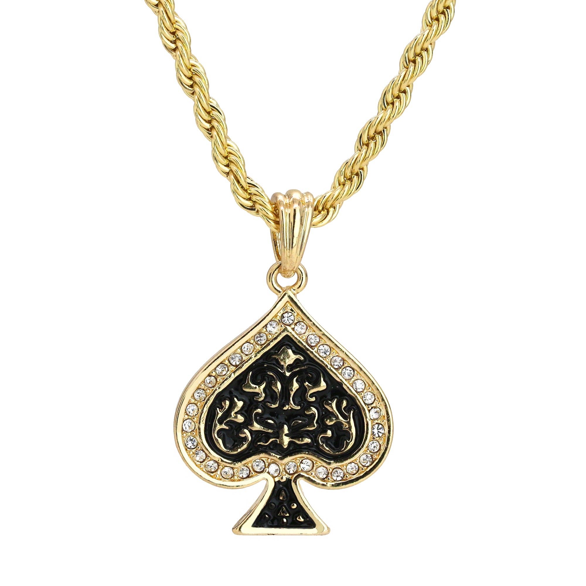 Ace Of Spade Pendant 18K 24" Rope Chain Hip Hop Jewelry