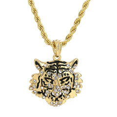 Iced Tiger Face Pendant 18K 24" Rope Chain Hip Hop Jewelry