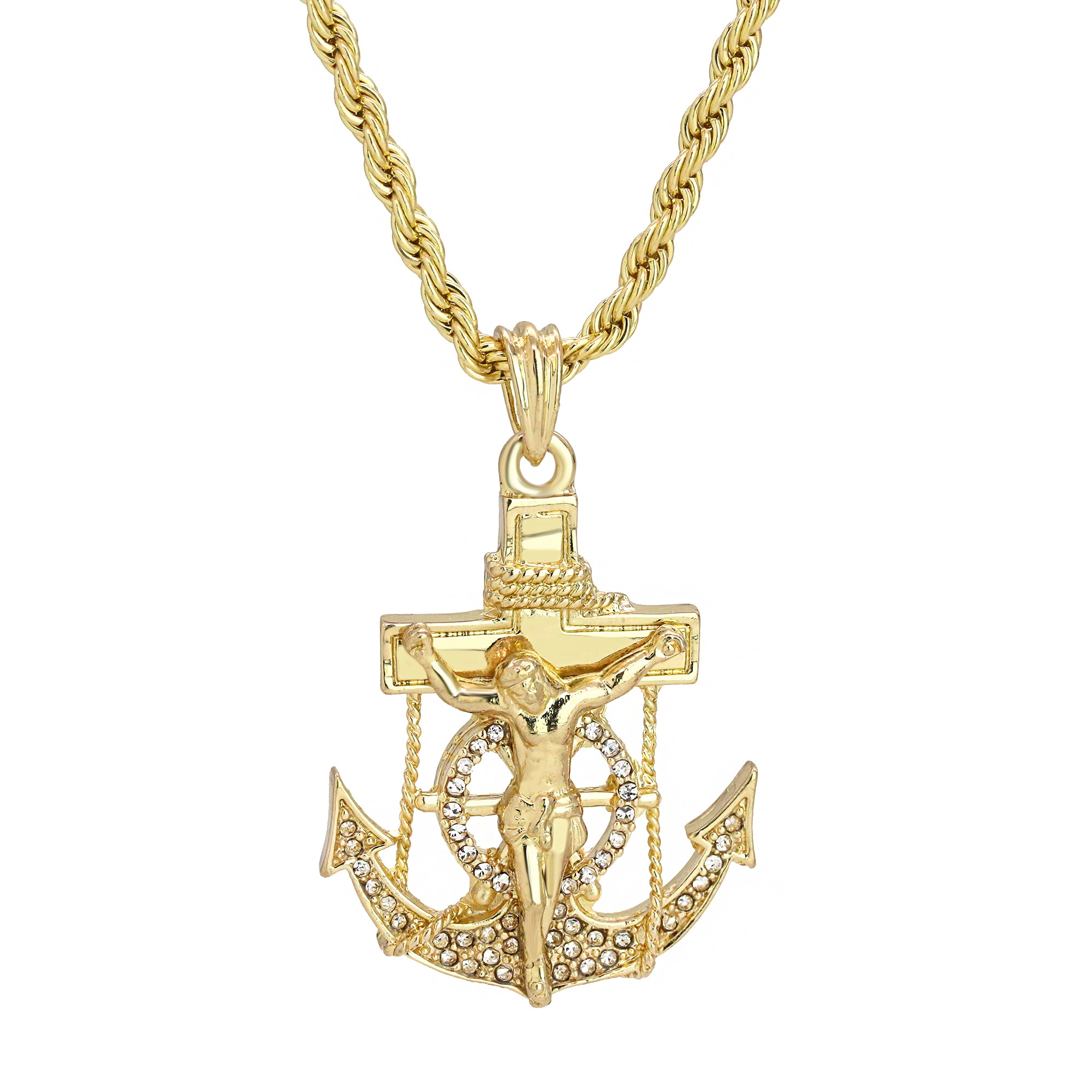 Jesus Anchor Iced Pendant 18K 24" Rope Chain Hip Hop Jewelry