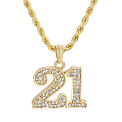 21 Lucky Number Pendant 24" Rope Chain Hip Hop 18k Jewelry