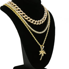 Palm Tree 4 Pcs Set Cuban, Tennis Clear Cz & Rope Chain Bundle Gold PT