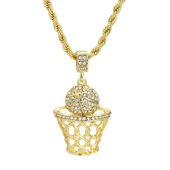 Basketball Iced Pendant 18K 24" Rope Chain Hip Hop Jewelry