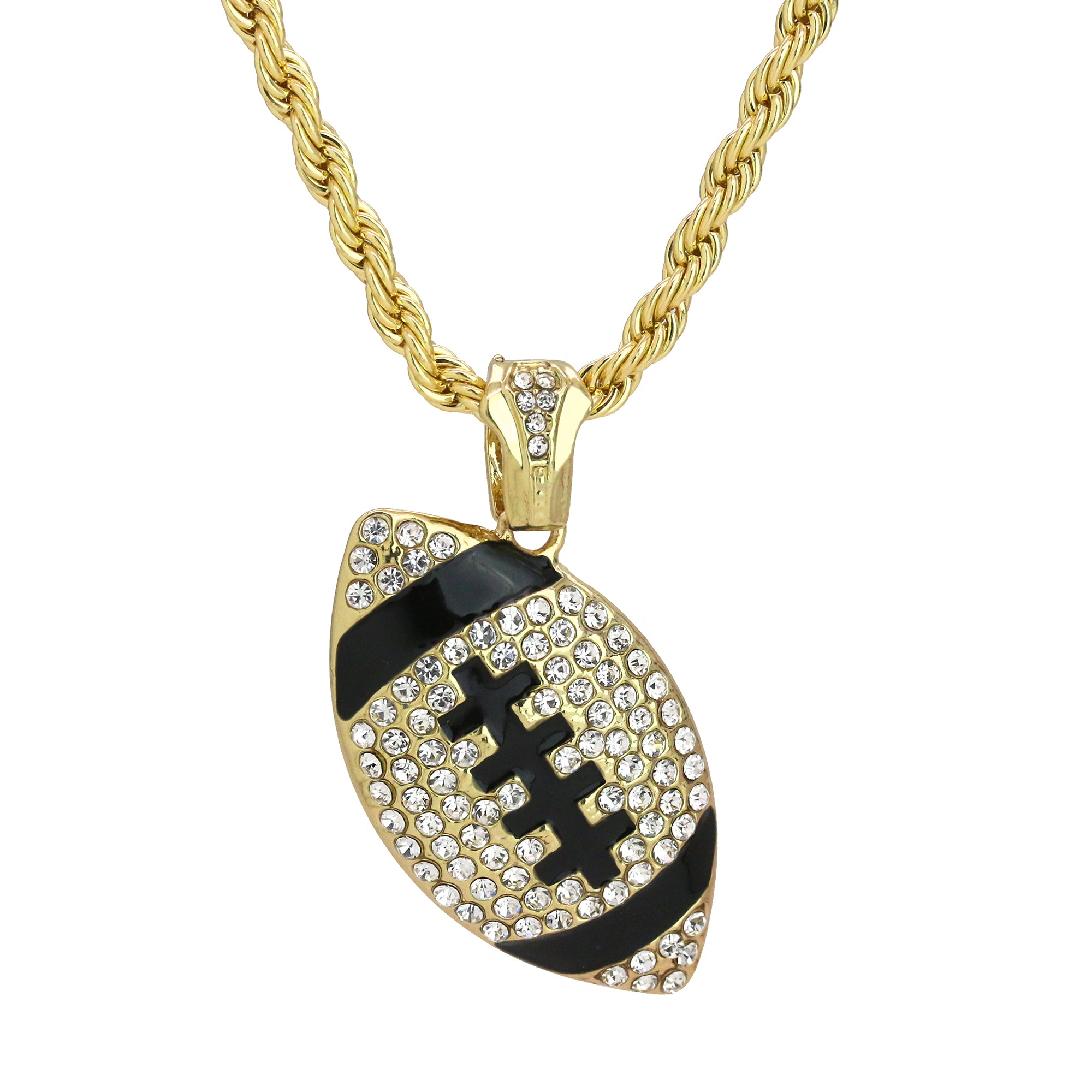 Fully Cz Football Pendant 18K 24" Rope Chain Hip Hop Jewelry
