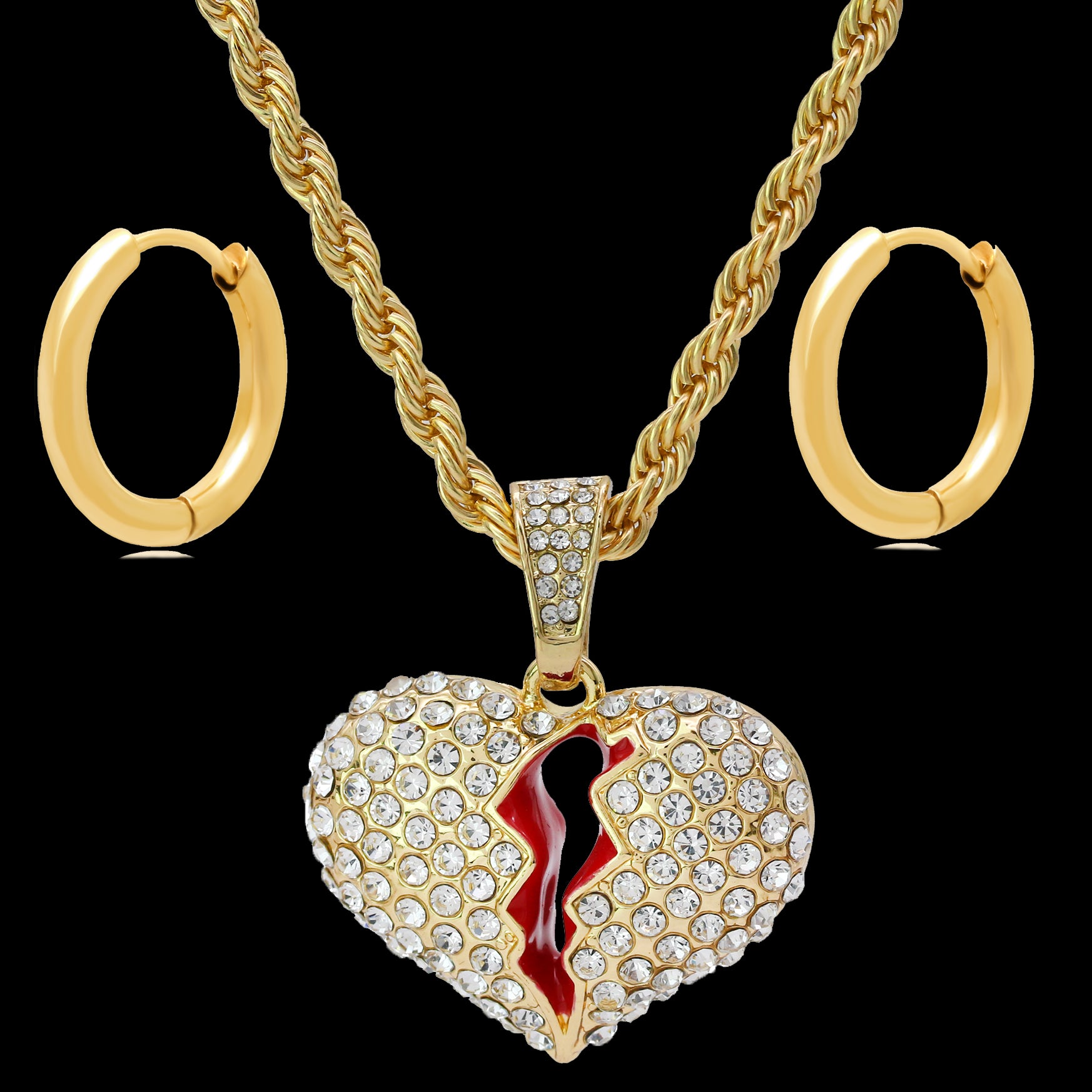 Gold Plated Broken Heart 24" Rope Chain/Stainless Steel Huggie Hoop Thin Earrings Set