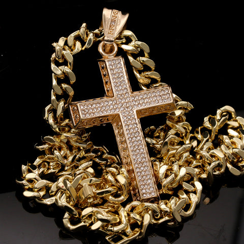 Men's Gold Plated Hip-Hop XL Fully Cz Thick Cross Cuban 10mm 30 & Bracelet 3pc Set