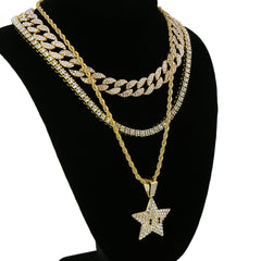 Star 4 Pcs Set Cuban, Tennis Clear Cz & Rope Chain Bundle Gold PT